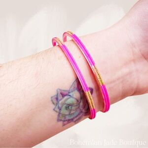 Hot Pink & Gold Glitter Glass Bangle Bracelets
